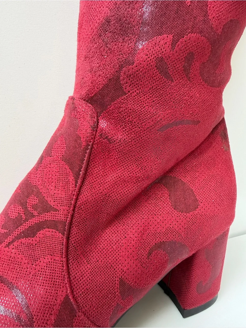 Women US 9 EU 39 Red Leather Knee High Riding Boots Floral Round Toe Zip